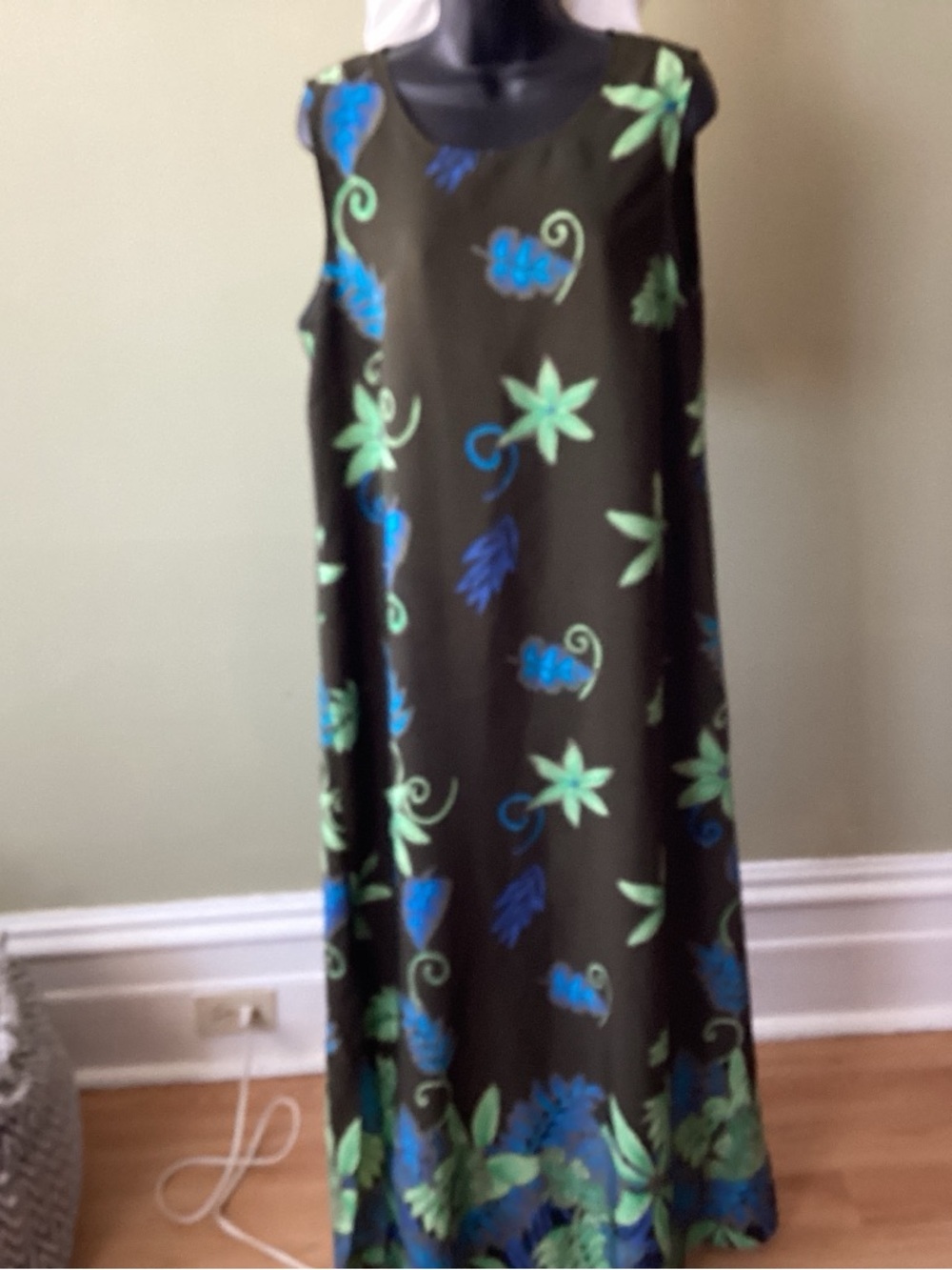 Cotton Ginny Sleeveless Maxi Dress Dark Green Blue floral sz M Tropical Fairycor - Picture 2 of 5